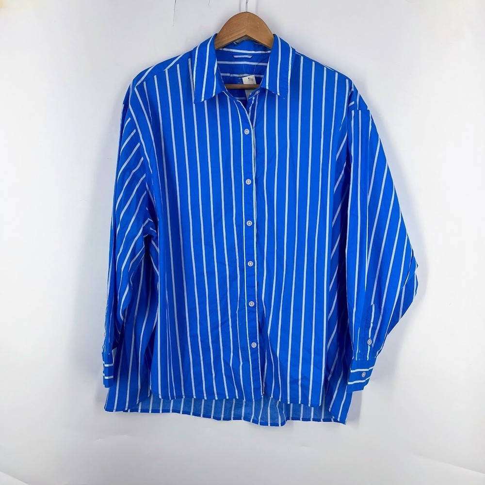 Aerie Day Off Blue White Striped Cotton Button Down Shirt Oversized Size L NWT